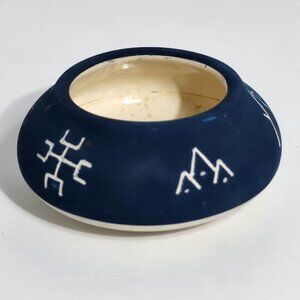 Handcrafted Lakota Pottery Bowl Geometric Tribal Patterns Navy Blue Cream VTG